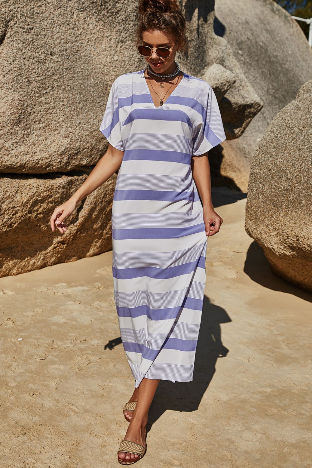 Striped V-Neck Side Slit T-Shirt Dress