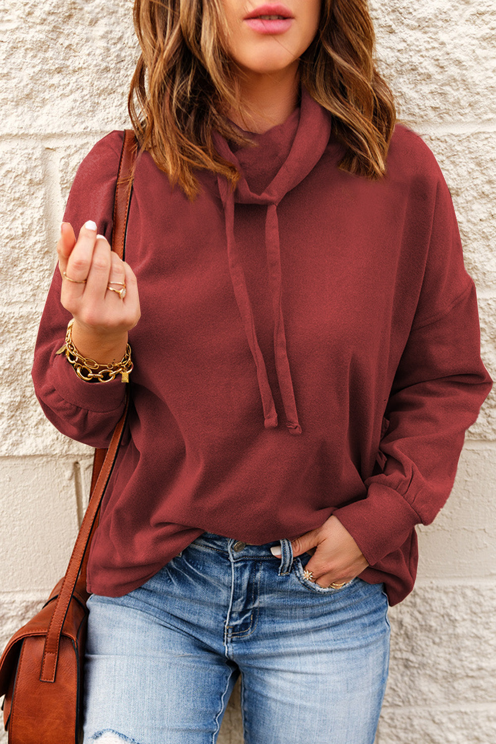 Drawstring Funnel Neck Dropped Shoulder Sweatshirt - Minihomy