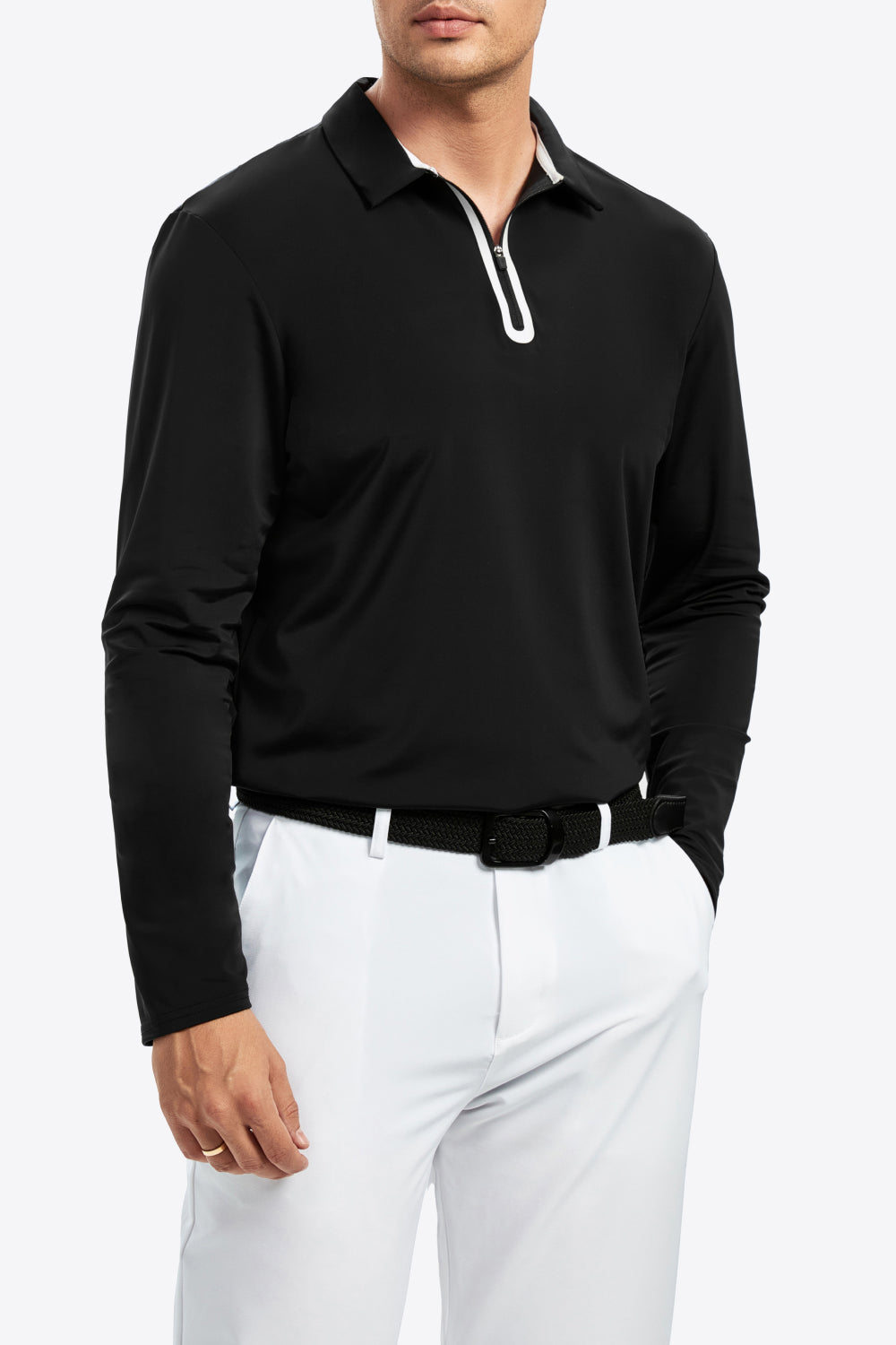 Contrast Long Sleeve Zip Polo Shirt - Minihomy