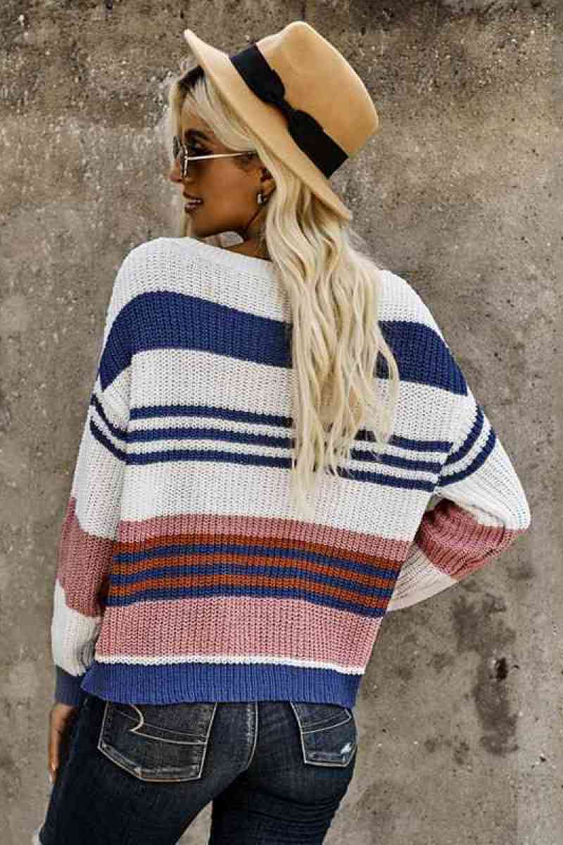 Color Block Drop Shoulder Sweater - Minihomy