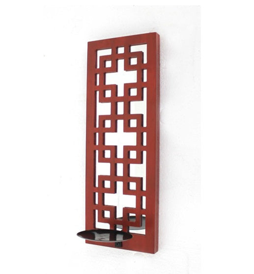 17" X 5" X 6" Red, Vintage Wood, Lattice Mirror - Candle Holder Sconce - Minihomy