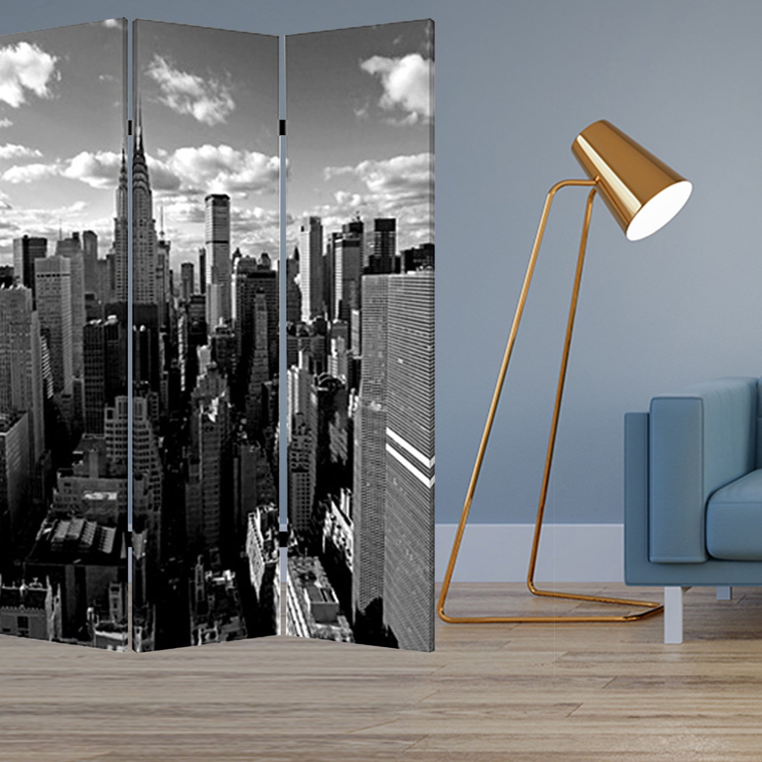 1" X 48" X 72" Multi Color Wood Canvas New York Skyline  Screen - Minihomy