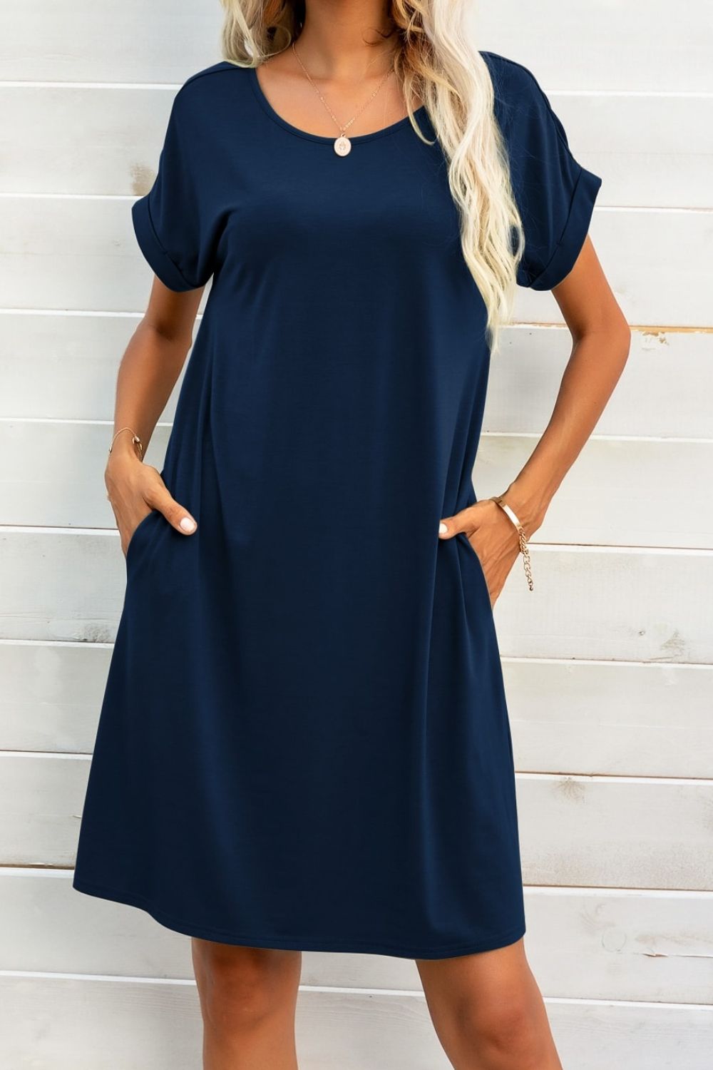 Scoop Neck Short Sleeve Pocket Dress