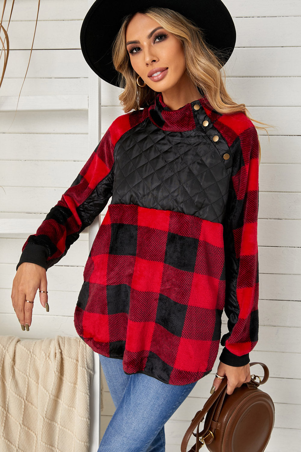 Plaid Raglan Sleeve Curved Hem Sweatshirt - Minihomy