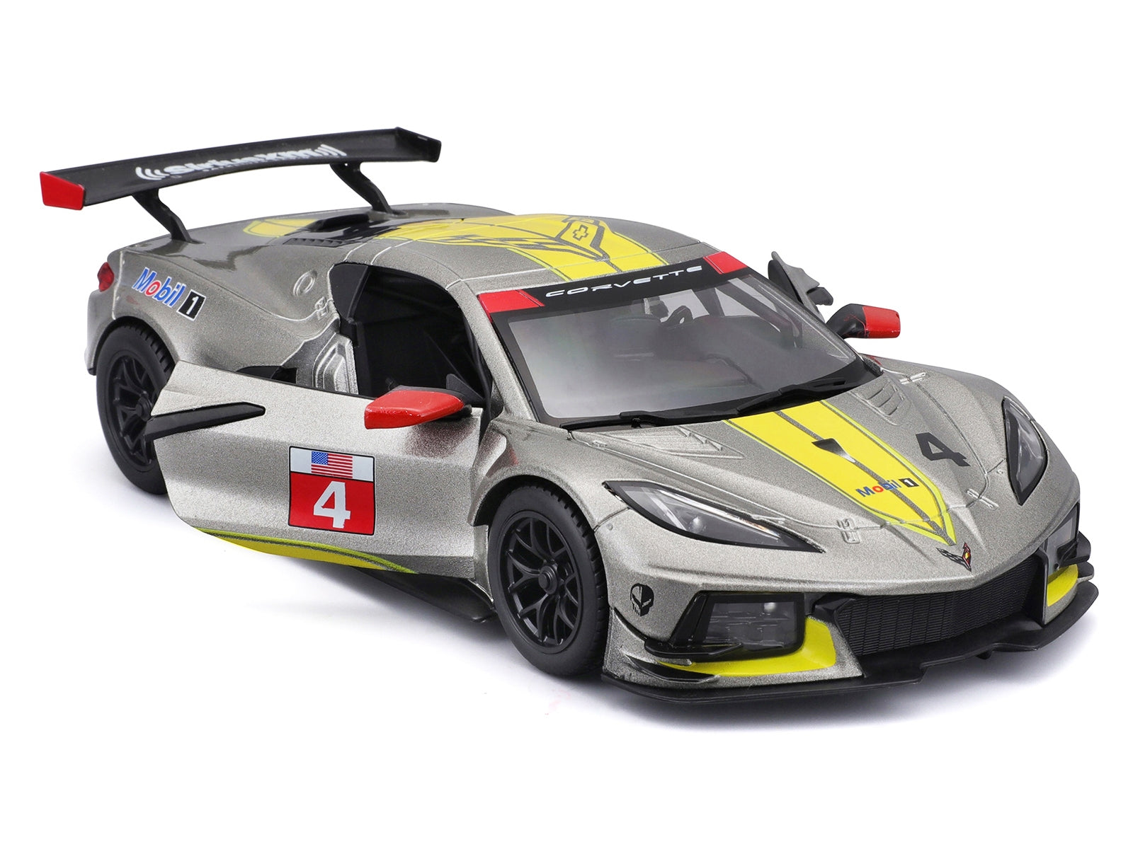 2020 Chevrolet Corvette C8.R #4 Silver Metallic with Yellow Stripes "Race" Series 1/24 Diecast Model Car by Bburago - Minihomy