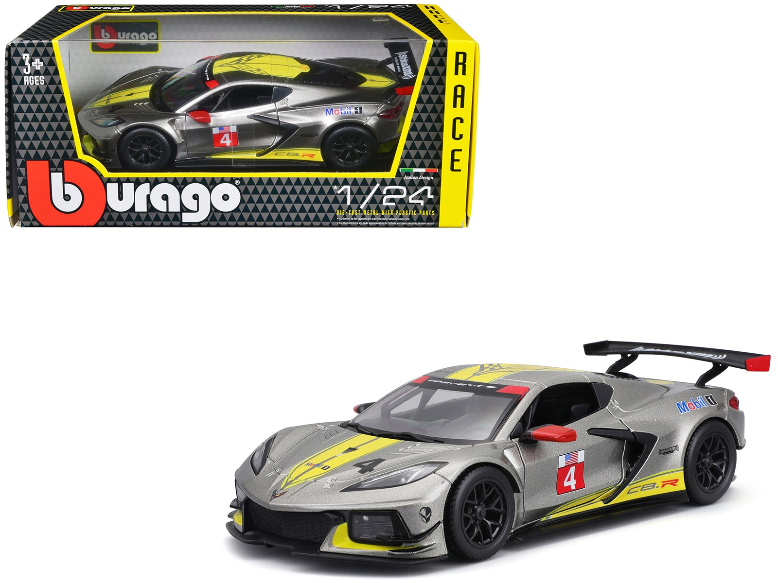 2020 Chevrolet Corvette C8.R #4 Silver Metallic with Yellow Stripes "Race" Series 1/24 Diecast Model Car by Bburago - Minihomy