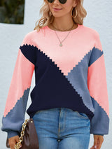 Color Block Round Neck Lantern Sleeve Sweater - Minihomy