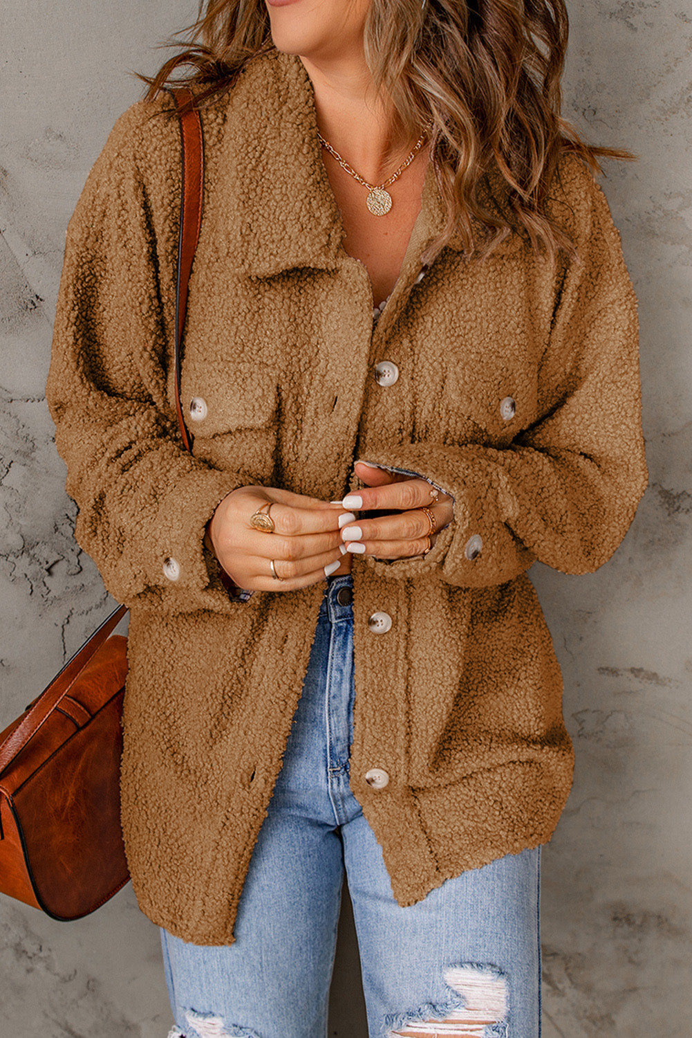 Button Front Teddy Jacket with Pockets