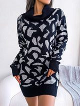 Animal Pattern Cowl Neck Mini Sweater Dress