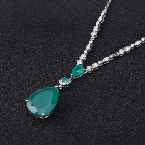 Natural Stone Green Agate Silver Pendant, European And American Personality Inlaid Gemstones S925 Silver Crystal Necklace Pendant