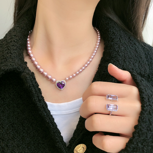 Purple Pearl Love Necklace Net Red Diamond Chain