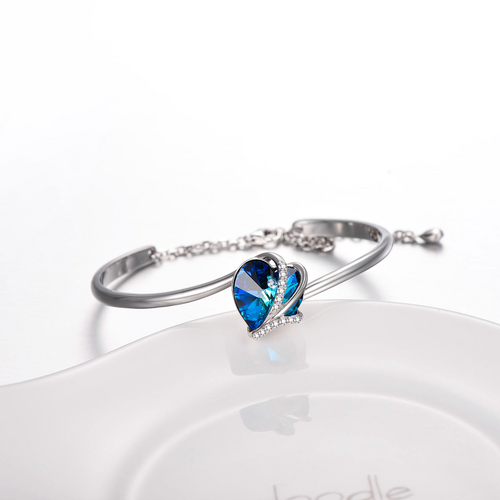 925 Sterling Silver Love Heart Bangle  with Blue  Crystals,I Love You Bracelet