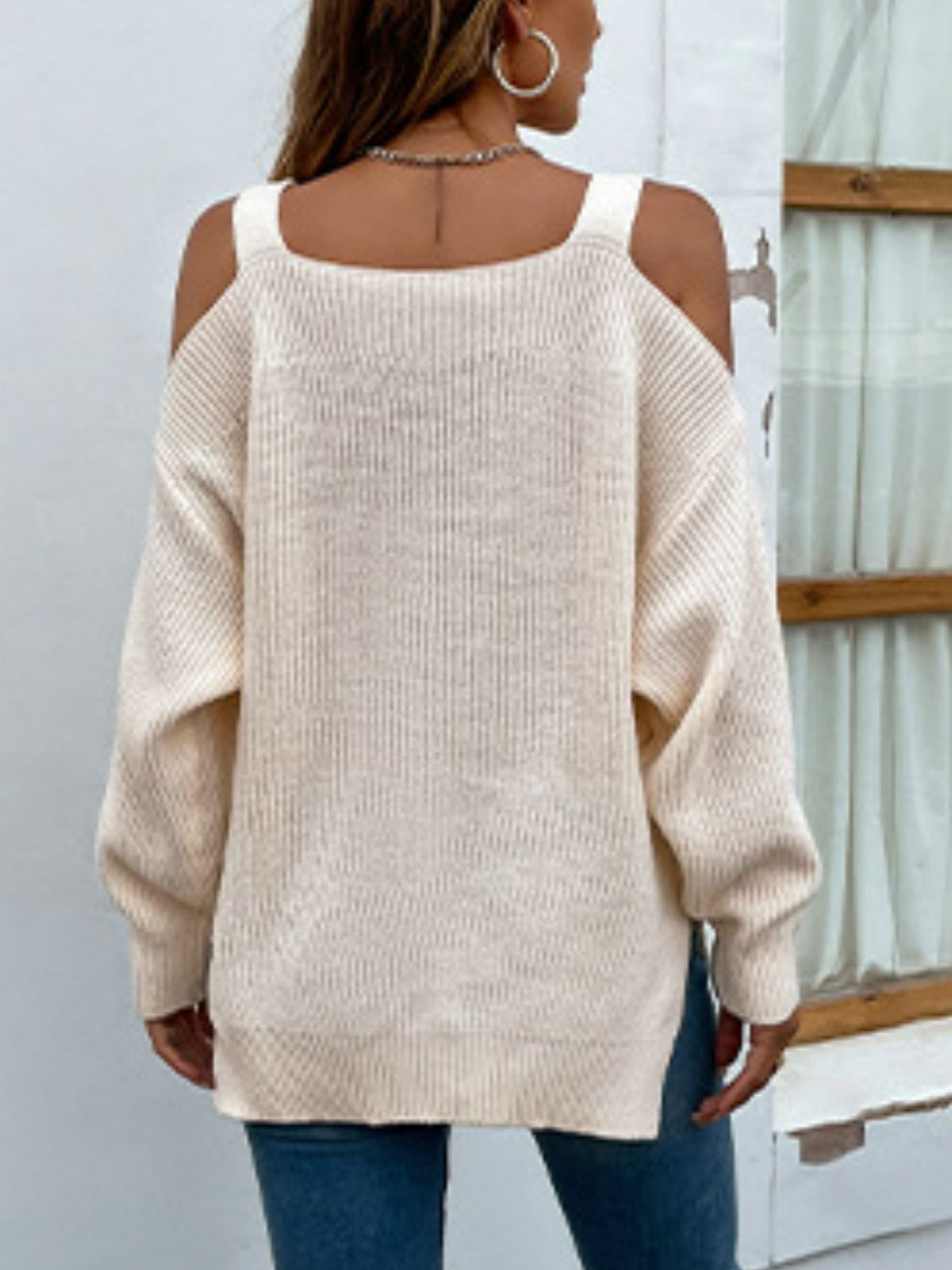 Rib-Knit Slit Cold-Shouder Sweater