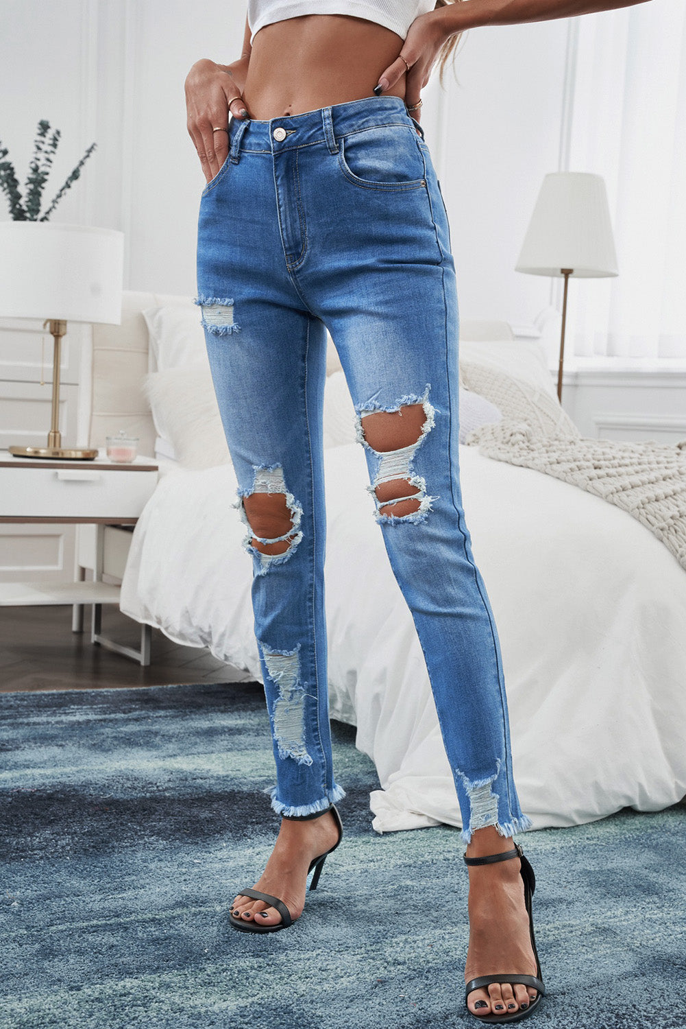 High-Rise Waist Distressed Skinny Jeans