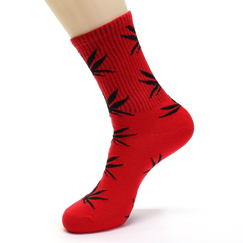 Threaded Tube Maple Leaf Printed Cotton Socks