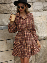 Plaid Drawstring Waist Button Front Shirt Dress