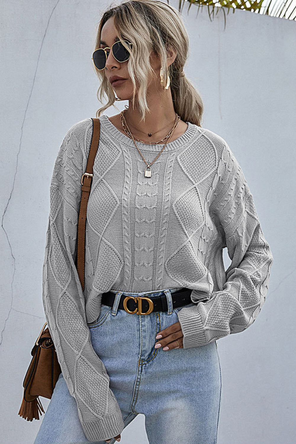 Cable-Knit Dropped Shoulder Cropped Sweater - Minihomy