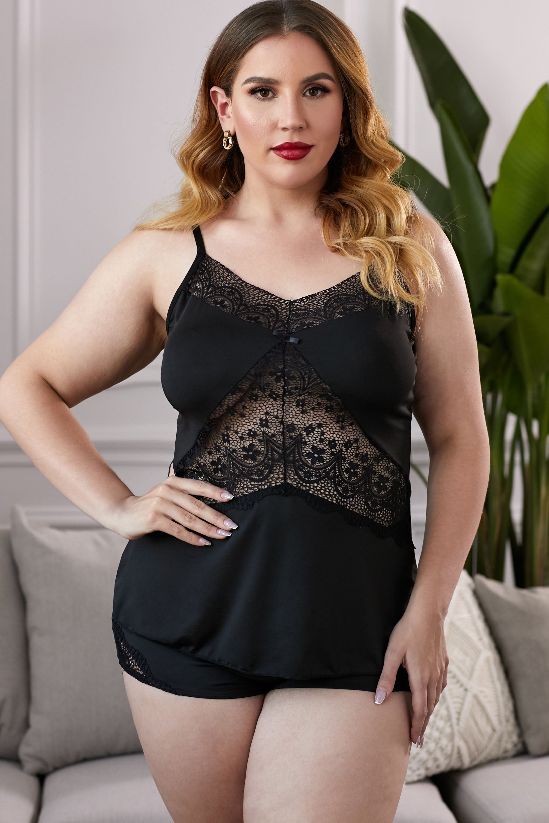 Lace Insert Plus Size Pajamas Set - Minihomy