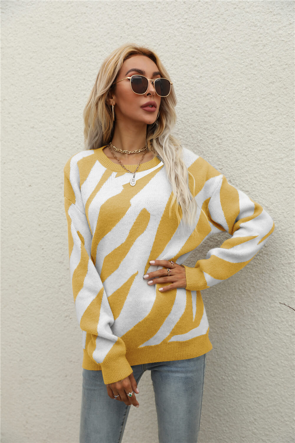 Animal Print Round Neck Dropped Shoulder Sweater