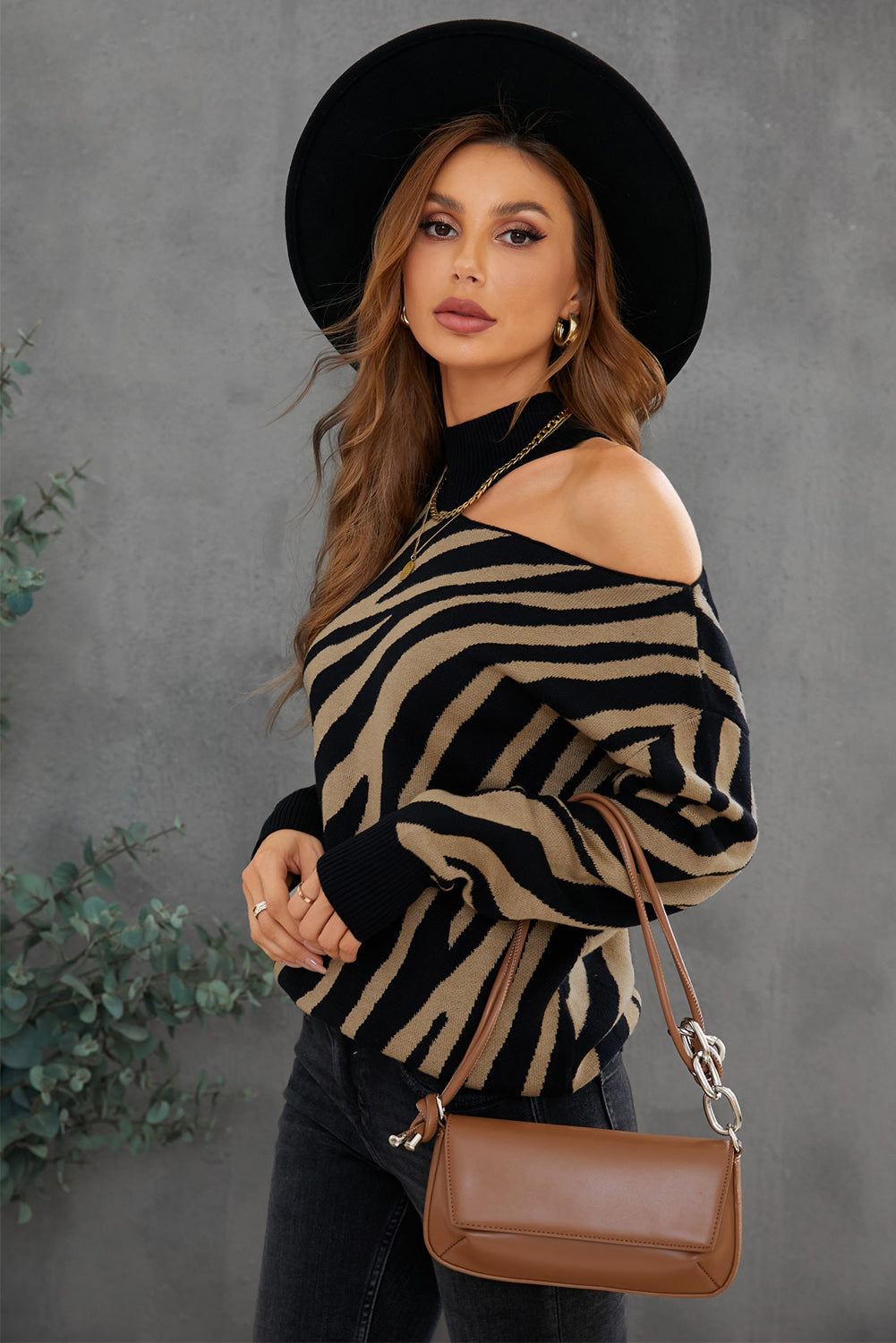 Zebra Print Mock Neck Cold Shoulder Sweater