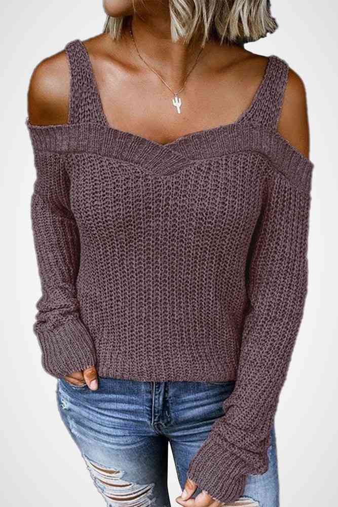 Long Sleeve Cold Shoulder Sweater - Minihomy