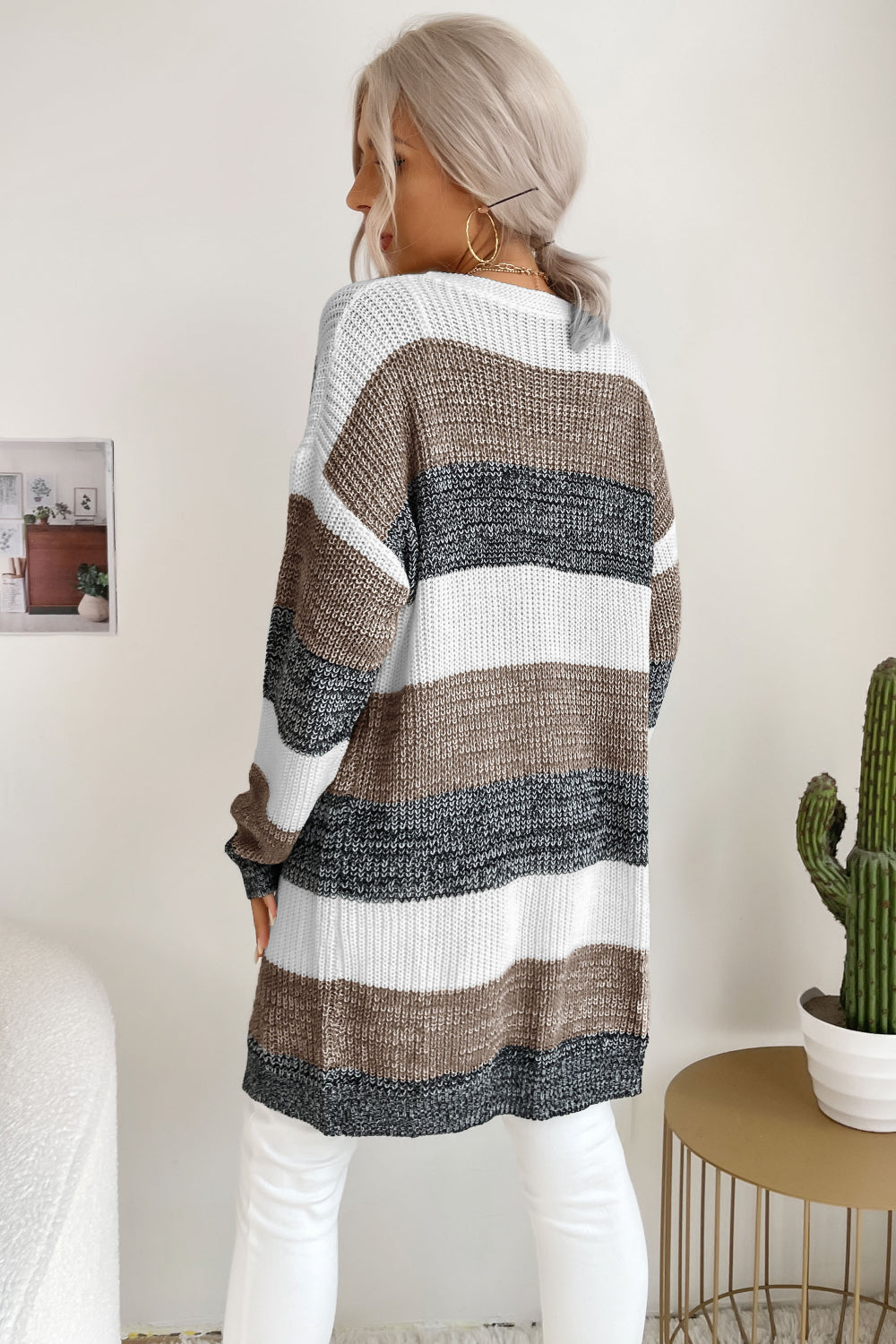 Striped Long Sleeve Duster Cardigan - Minihomy