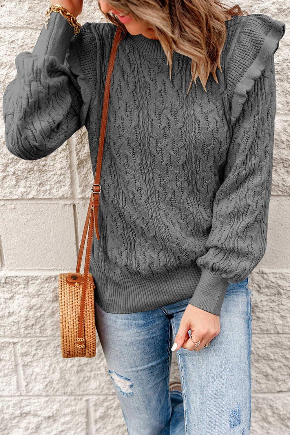 Ruffle Shoulder Cable-Knit Sweater - Minihomy