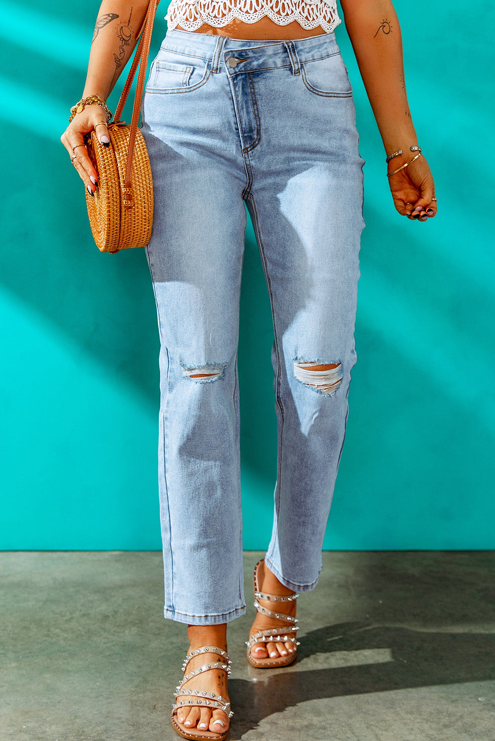 High Waist Distressed Straight Leg Jeans - Minihomy