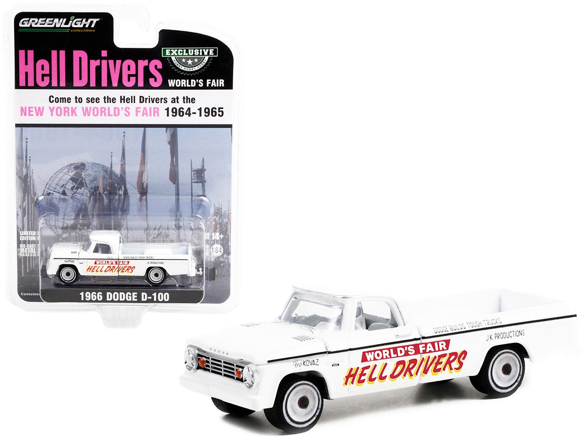 1966 Dodge D-100 Pickup Truck White "Hell Drivers" "New York World's Fair" (1964-1965) "Hobby Exclusive" 1/64 Diecast Model Car by Greenlight - Minihomy