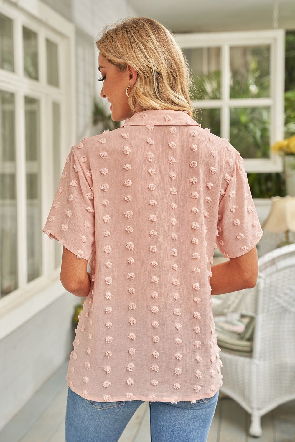 Swiss Dot Collar Short Sleeve Shirt - Minihomy