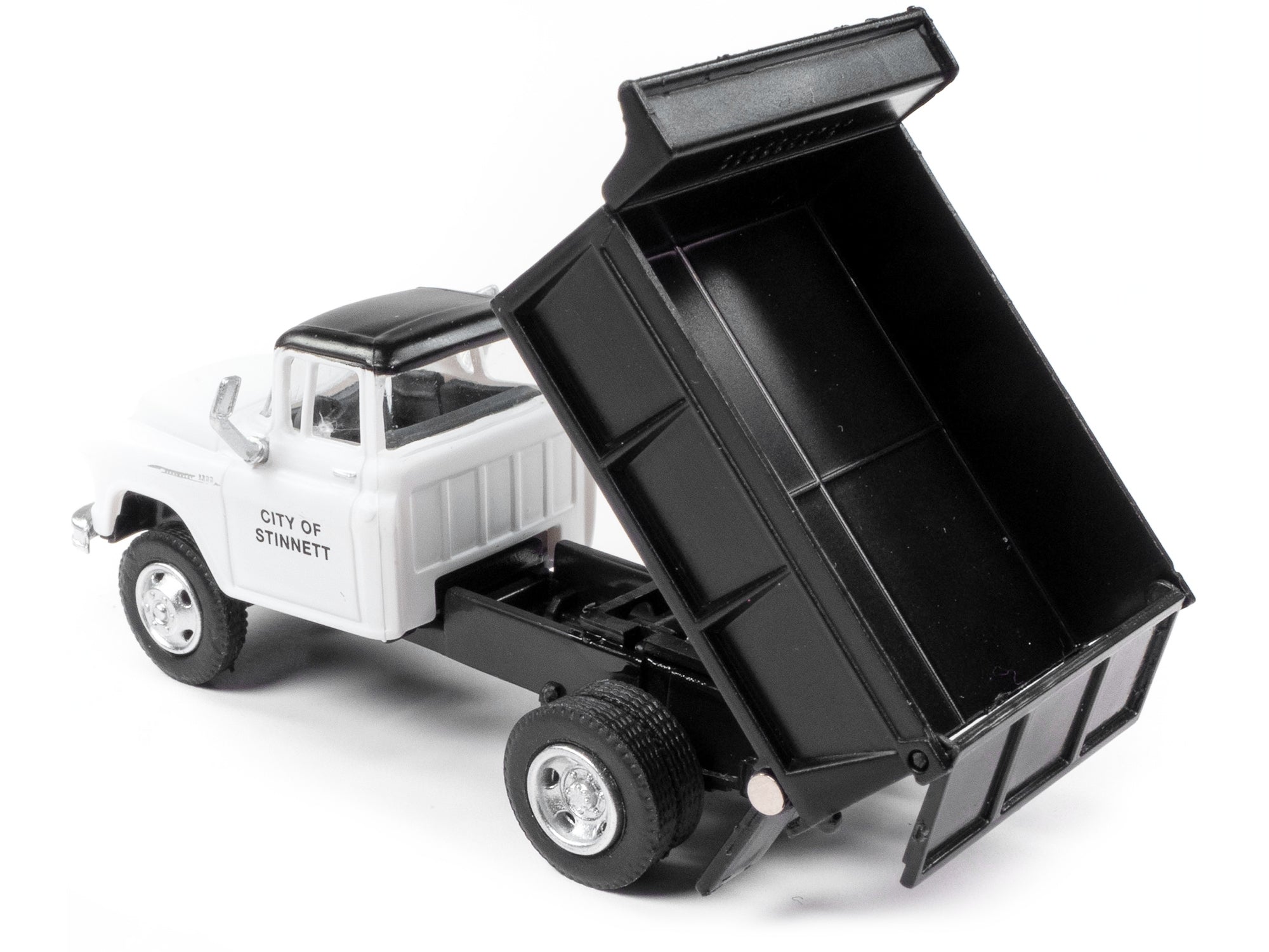 1955 Chevrolet Dump Truck White with Black Top "City of Stinnet Public Works" 1/87 (HO) Scale Model by Classic Metal Works - Minihomy