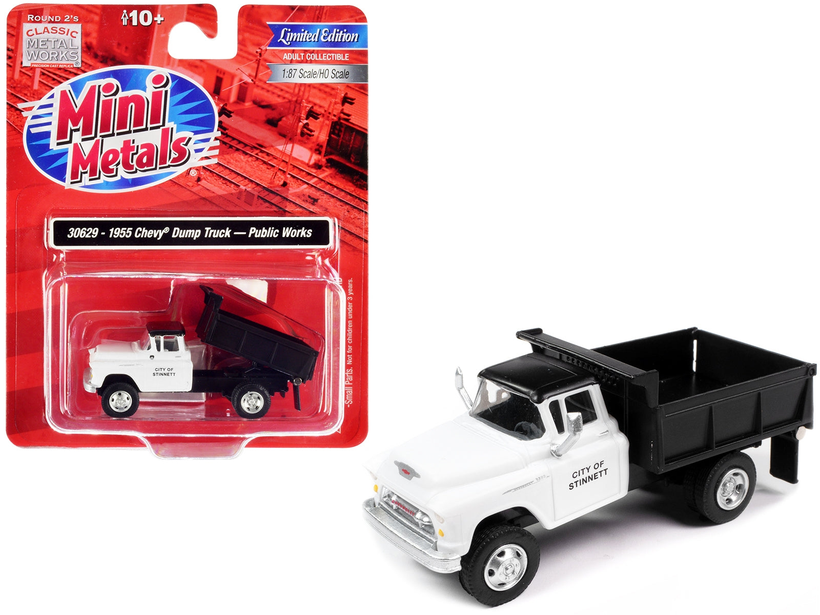 1955 Chevrolet Dump Truck White with Black Top "City of Stinnet Public Works" 1/87 (HO) Scale Model by Classic Metal Works - Minihomy