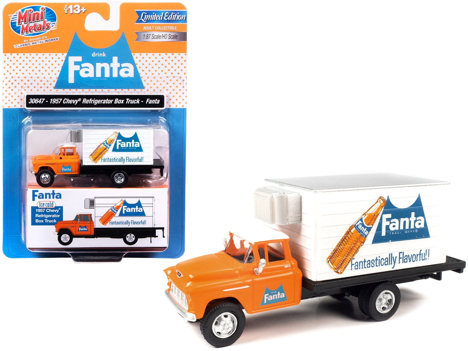 1957 Chevrolet Refrigerated Box Truck Orange with White Top "Fanta" 1/87 (HO) Scale Model by Classic Metal Works - Minihomy