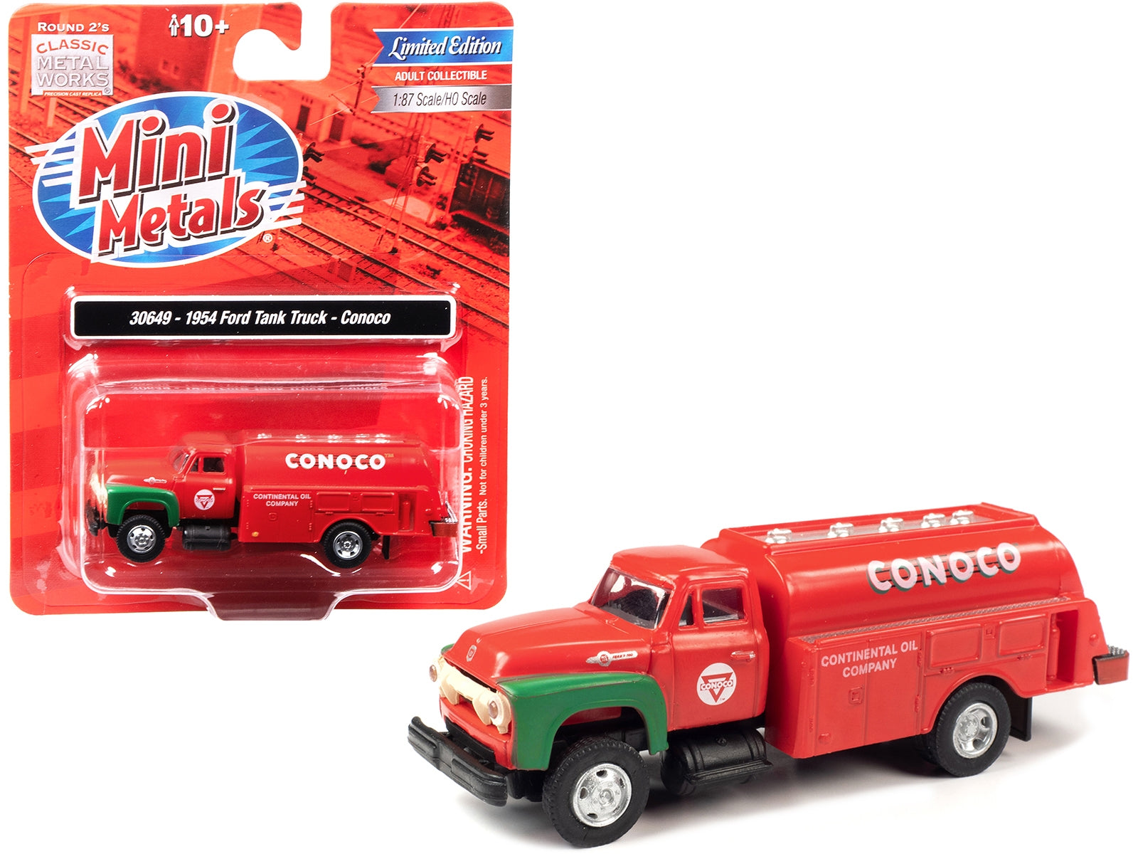 1954 Ford Tanker Truck Red and Green "Conoco" 1/87 (HO) Scale Model by Classic Metal Works - Minihomy