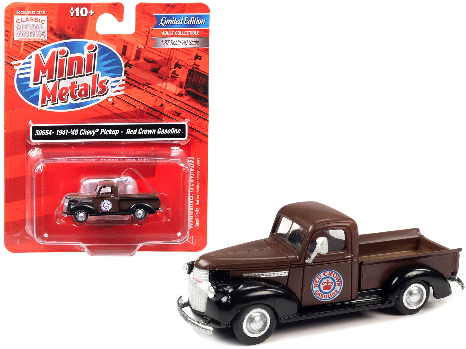 1941-1946 Chevrolet Pickup Truck Brown and Black "Red Crown Gasoline" 1/87 (HO) Scale Model by Classic Metal Works - Minihomy