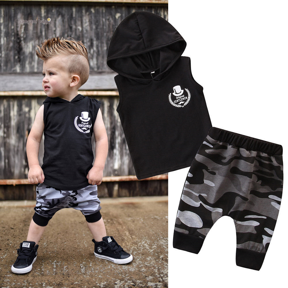 2PCS Toddler Kids Baby Boy Sleeveless Hooded Clothes