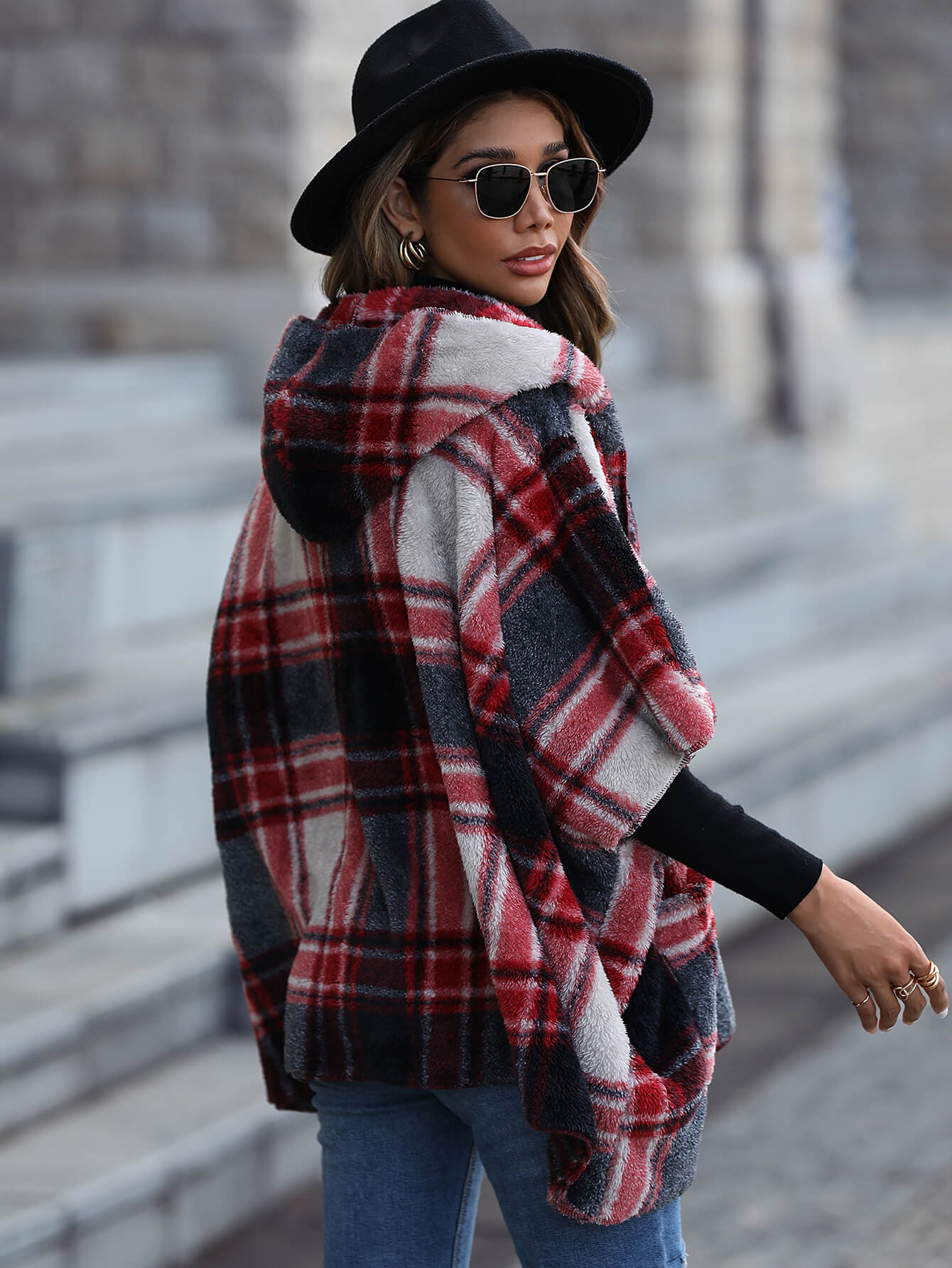 Plaid Half Sleeve Open Front Hooded Fleece Jacket