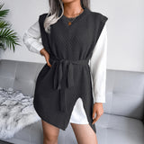 Tie-Waist Sleeveless Side Slit Sweater Vest