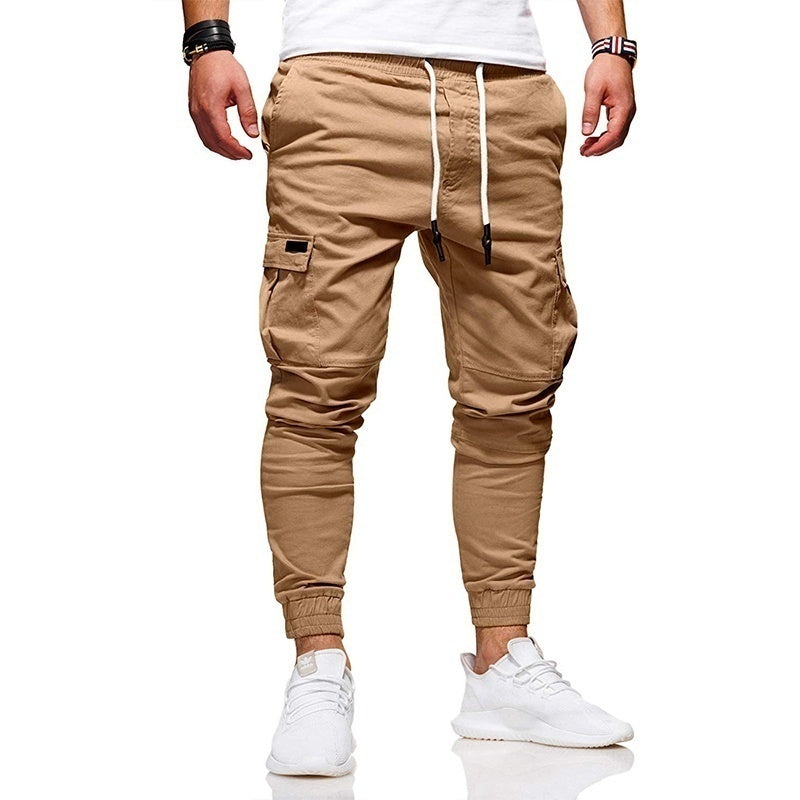 Casual Men Solid Color Multi Pocket Drawstring Ankle Tie Cargo Pants