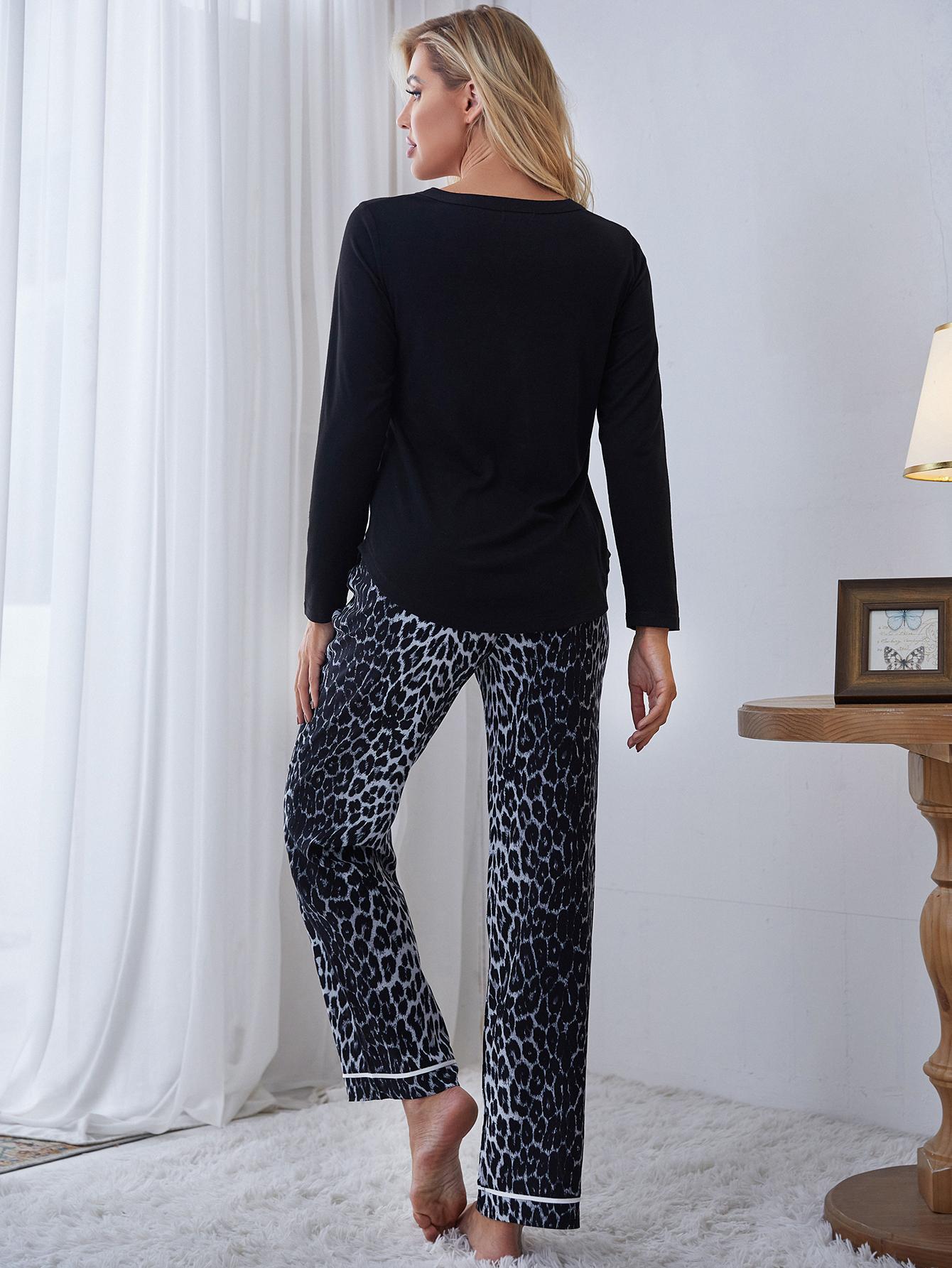 Buttoned V-Neck Top and Leopard Pants Lounge Set