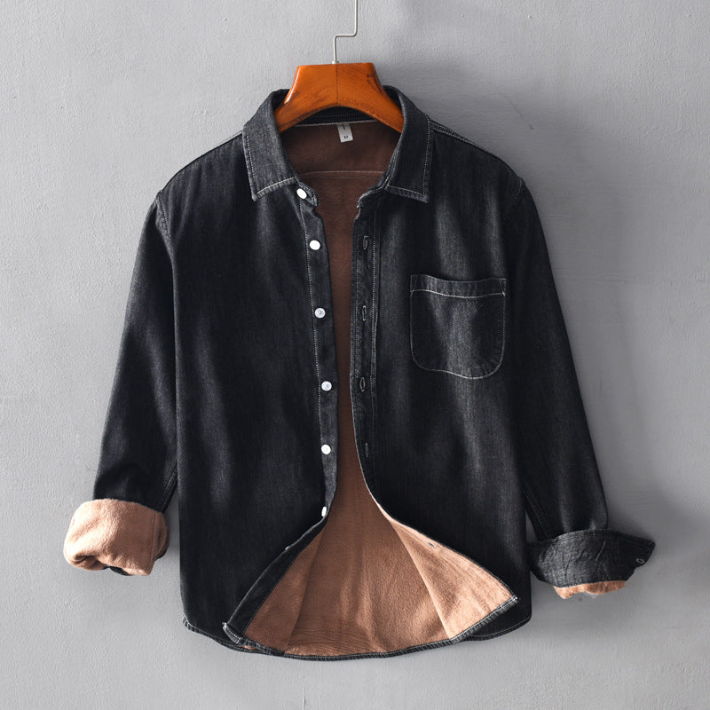 Plush Denim Long Sleeved Shirt Korean Loose Casual Cotton Shirt Jacket