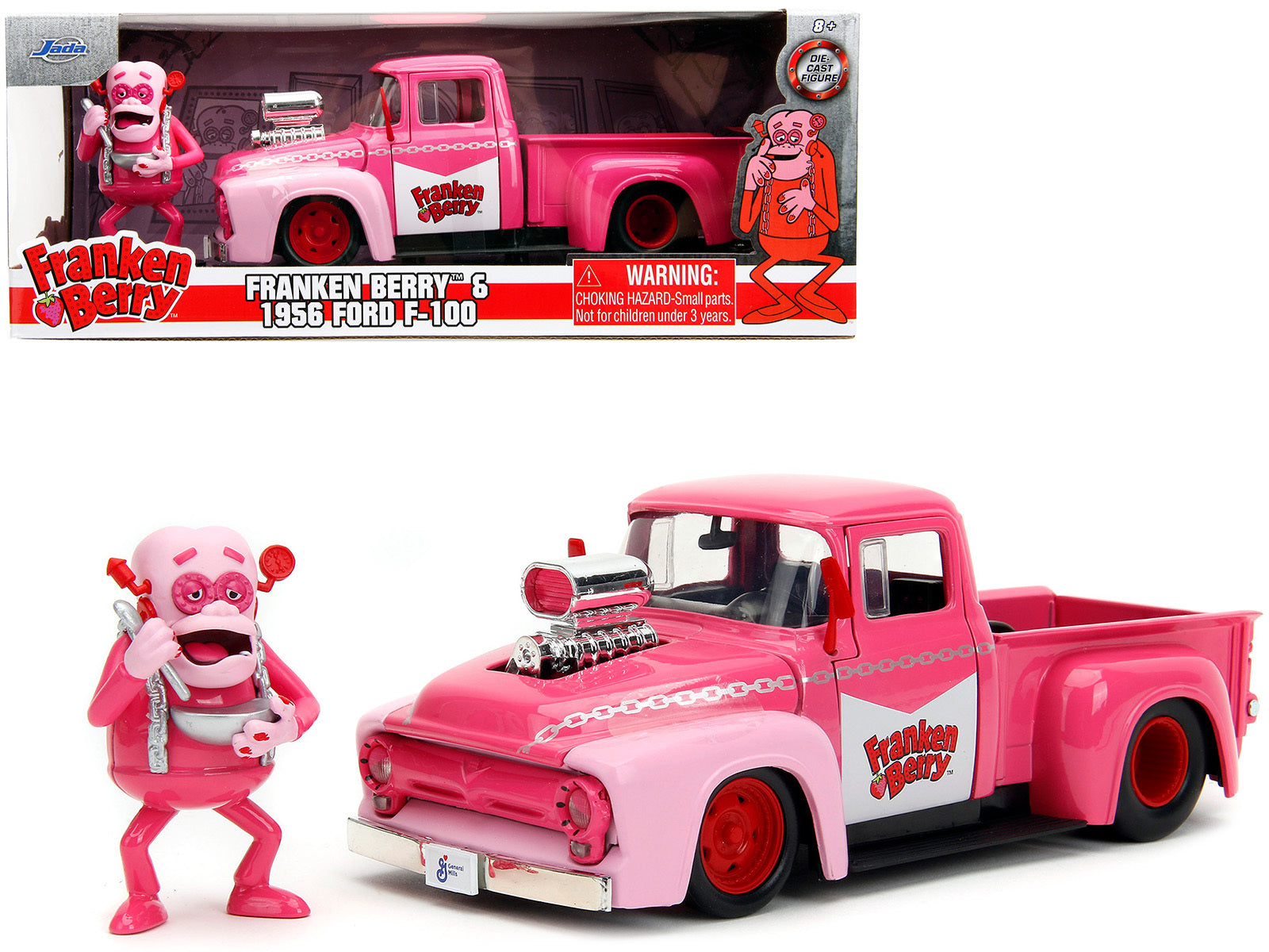 1956 Ford F-100 Pickup Truck Pink with Graphics and Franken Berry Diecast Figure "Franken Berry" - Minihomy