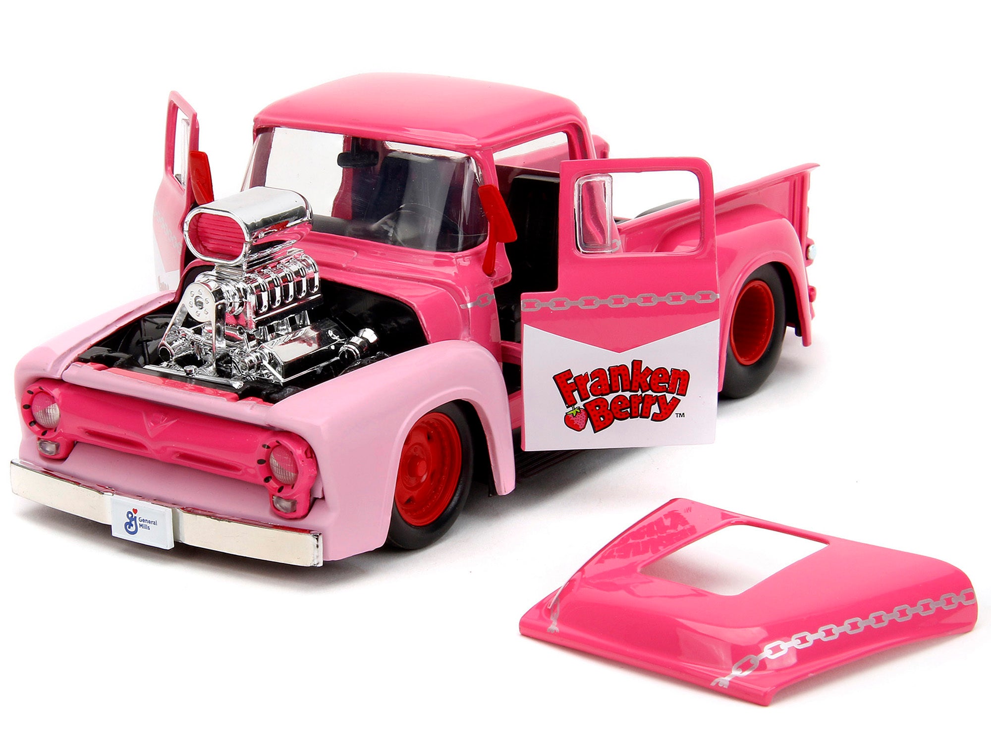 1956 Ford F-100 Pickup Truck Pink with Graphics and Franken Berry Diecast Figure "Franken Berry" - Minihomy