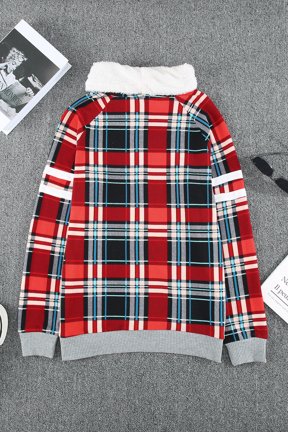 Plaid Spliced Sherpa Funnel Neck Sweatshirt - Minihomy