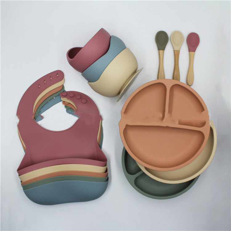 Bib Dinner Plate Spoon Bowl 4 Piece Set Silicone Baby Bowl Plate Set