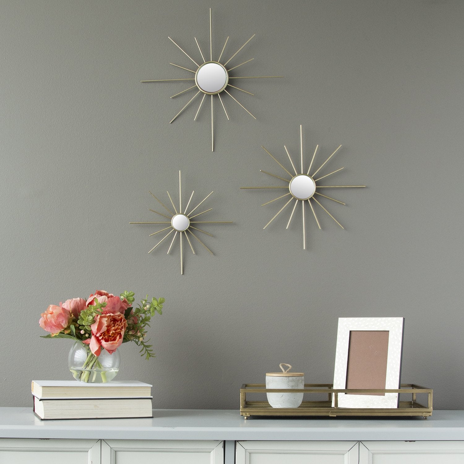 Set Of Three Gold Mirror Burst Metal Wall Decor