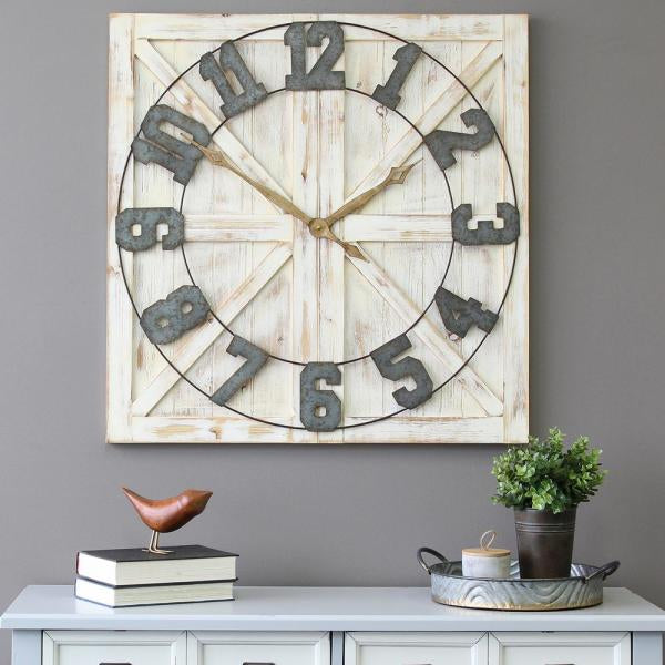 Square Distressed Wood And Metal Wall Clock With Vintage Touch