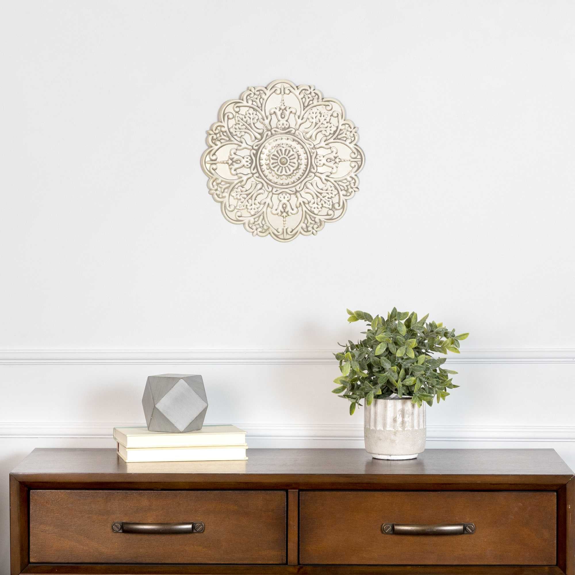 Small White Medallion Distressed Metal Wall Decor