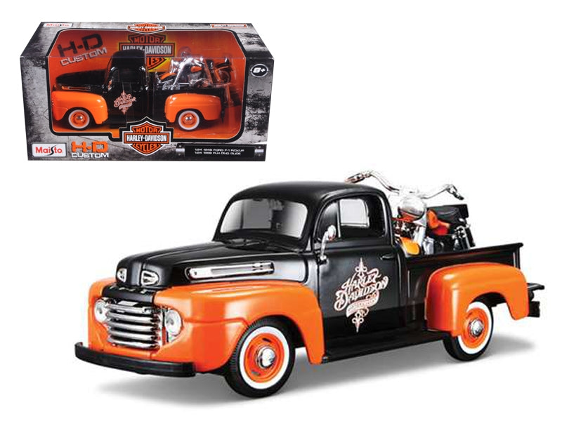 1948 Ford F-1 Pickup Truck with 1958 Harley Davidson FLH Duo Glide Motorcycle Orange and Black 1/24 Diecast Models by Maisto - Minihomy