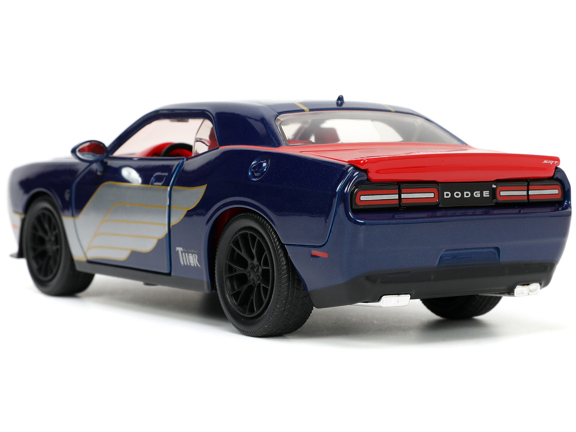 2015 Dodge Challenger SRT Hellcat Dark Blue with Graphics and Red Interior and Thor Diecast Figure "The Mighty Thor" - Minihomy